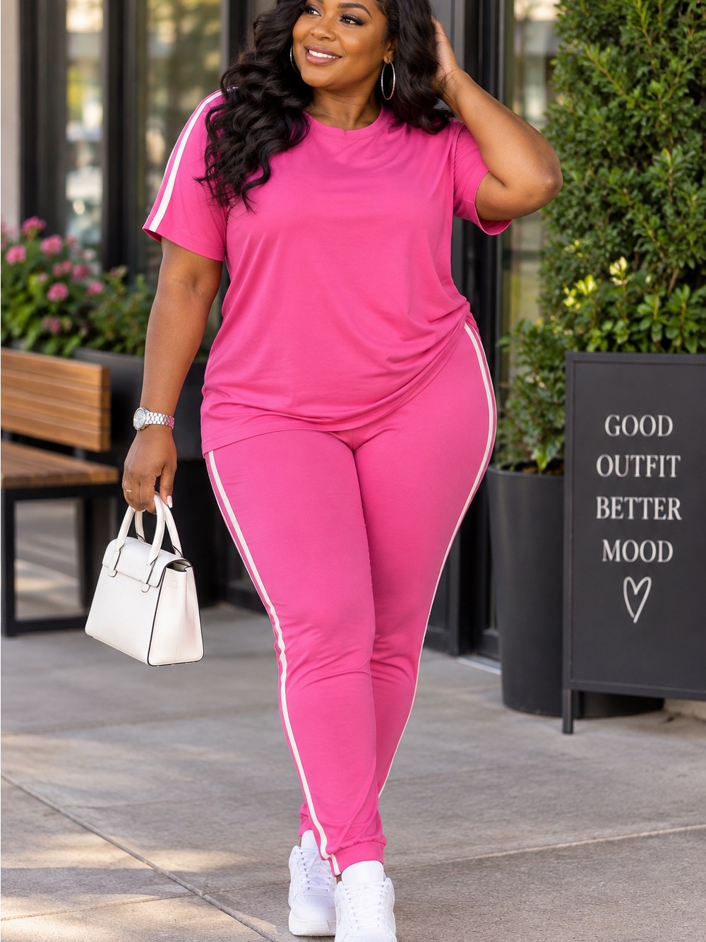 Plus-Size Hot Pink Athletic Jumpsuit with Side Stripe